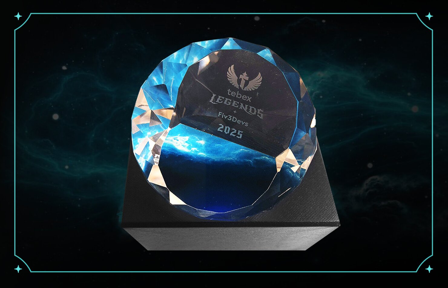 Fiv3Devs Tebex Legends 2025 trophy — a faceted crystal diamond engraved with the Tebex Legends logo, the Fiv3Devs mark, and the year 2025.